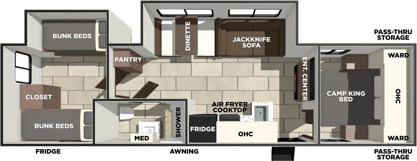 The Tracer 308BH floorplan has one entry and two slide outs. Exterior features include: fiberglass exterior and 19' awning. Interiors features include: bunk beds and front bedroom.